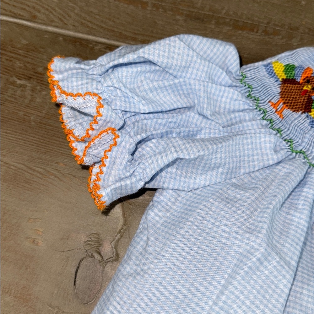Southern Sunshine Girl Blue Gingham Gobble Gobble Smocked Long Bubble - 9M - Picture 5 of 11